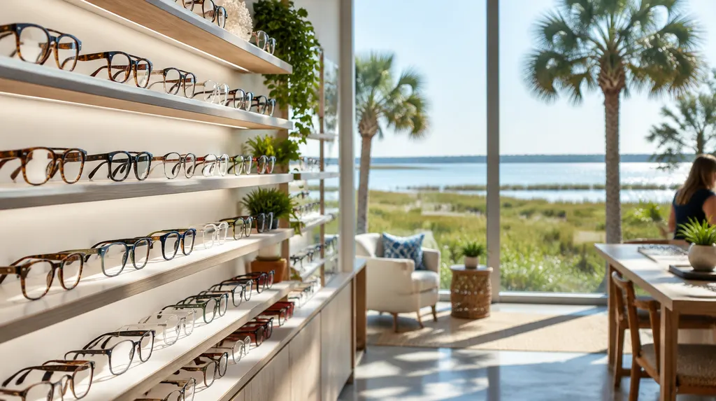 A wall of stylish eyeglass frames in an optical shop in Bluffton, SC