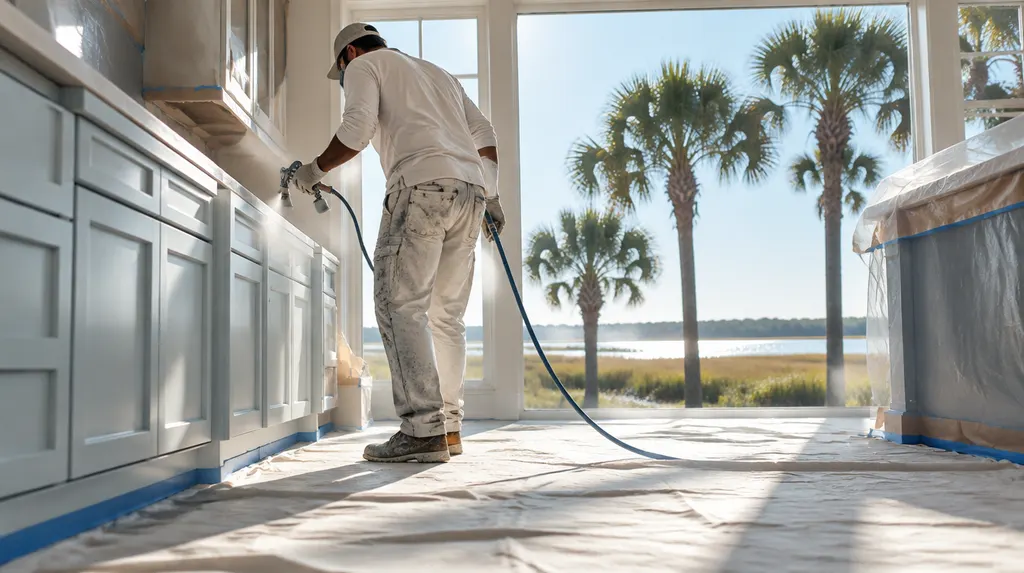 A painter spraying kitchen cabinets in a prepped room in Bluffton, SC