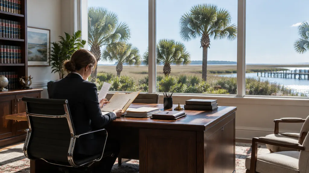 A lawyer reviewing a case file in a law office in Bluffton, SC