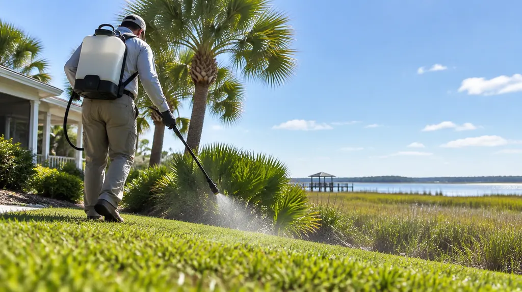 A technician treating a backyard for mosquitoes in Bluffton, SC