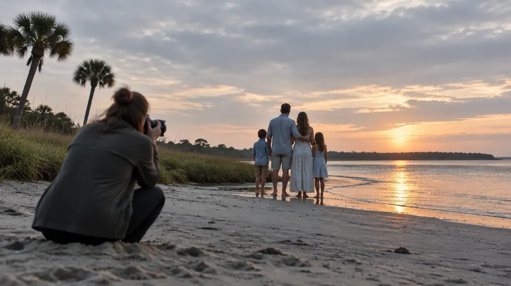 A photographer shooting a family on a beach at sunset in Bluffton, SC