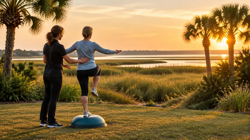 A therapist guiding a patient on a balance exercise in Bluffton, SC