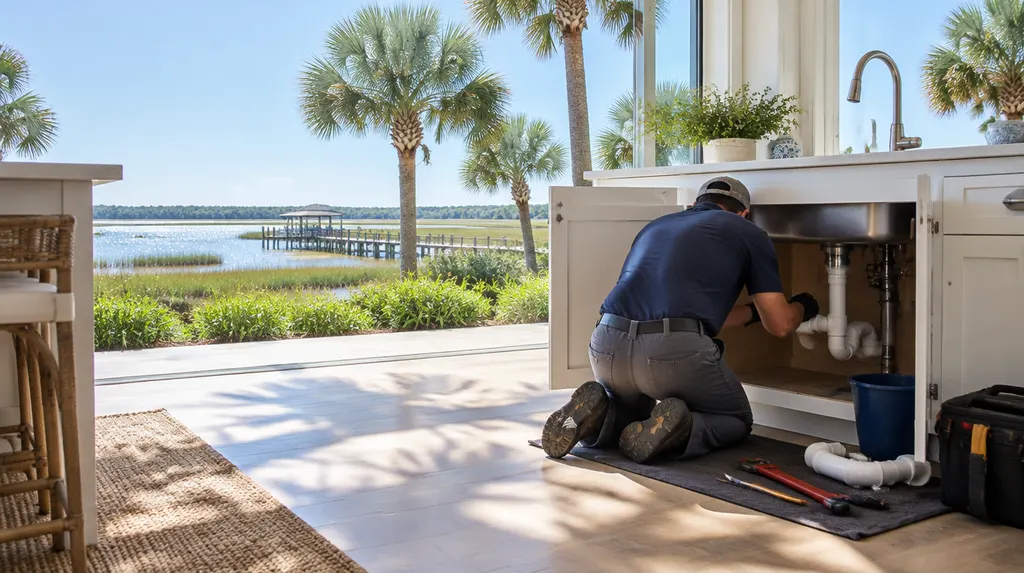 A plumber kneeling under a kitchen sink fitting a new pipe in Bluffton, SC