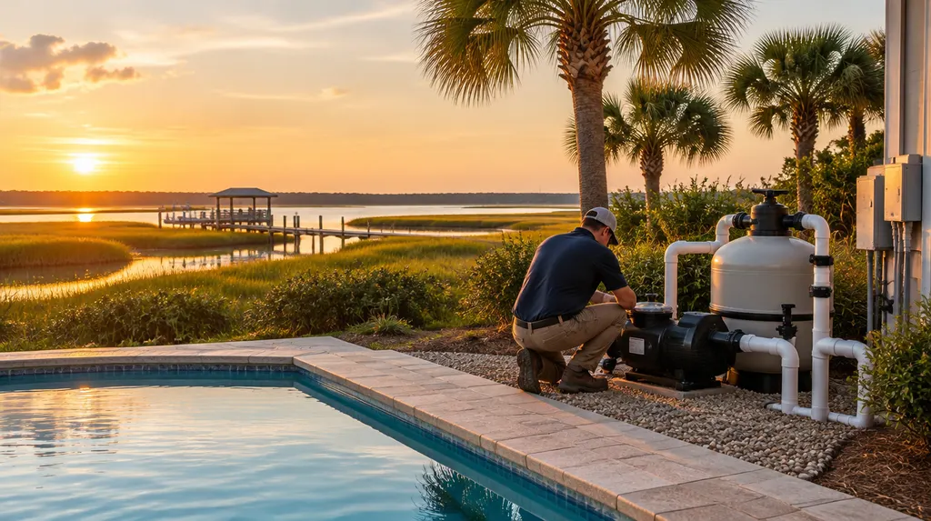 A technician checking pool equipment and a pump in Bluffton, SC