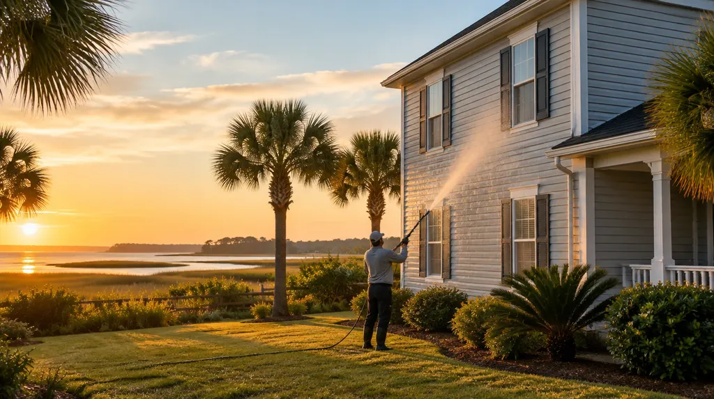 Soft washing the vinyl siding of a two-story house in Bluffton, SC
