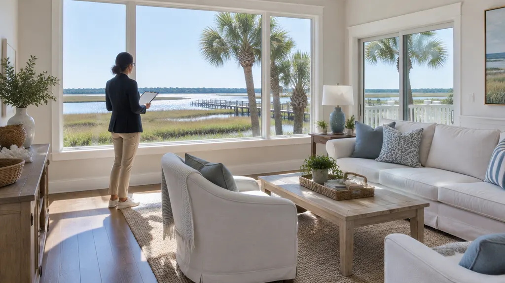 A property manager inspecting a rental living room in Bluffton, SC