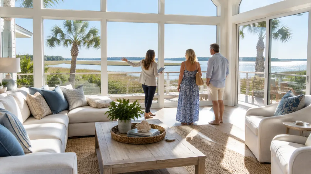 A real estate agent showing a bright living room in Bluffton, SC