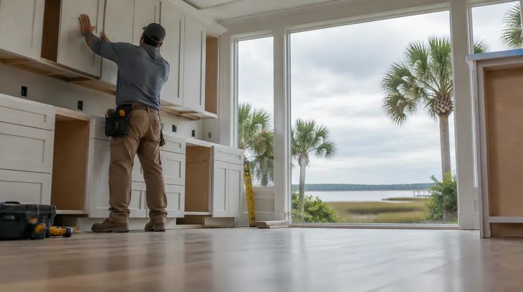 A remodeler installing new kitchen cabinets in Bluffton, SC