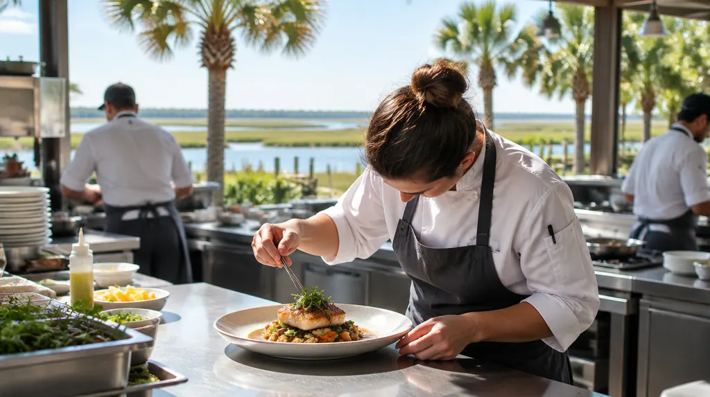 A chef plating a dish in a busy kitchen in Bluffton, SC