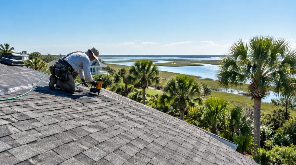 A roofer nailing architectural shingles on a sunny roof in Bluffton, SC