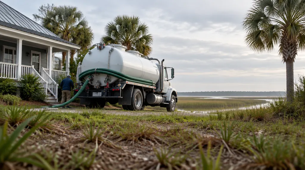 A septic pump truck parked beside a rural house in Bluffton, SC