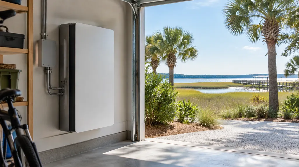 A home battery unit installed in a garage in Bluffton, SC