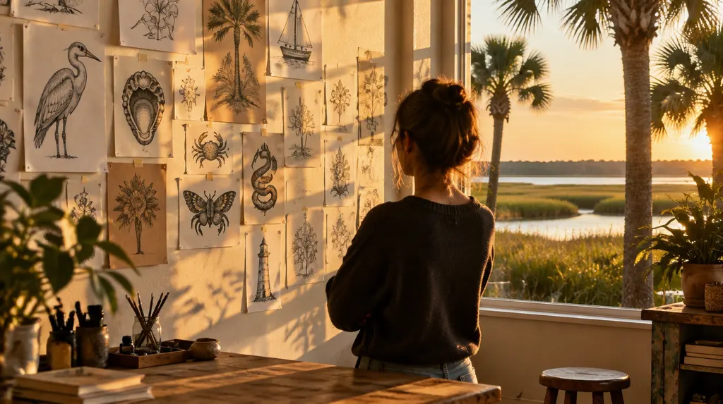 Sketches and flash art on a studio wall in Bluffton, SC