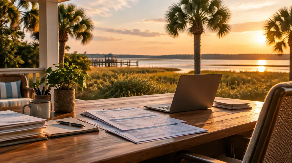 A tax office desk with forms and a laptop in Bluffton, SC