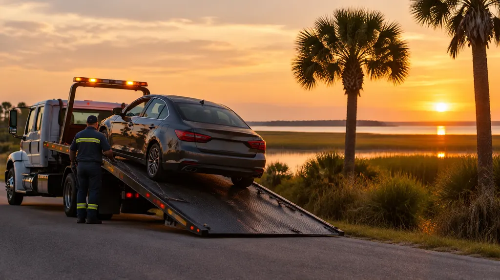 A flatbed tow truck loading a car at dusk in Bluffton, SC