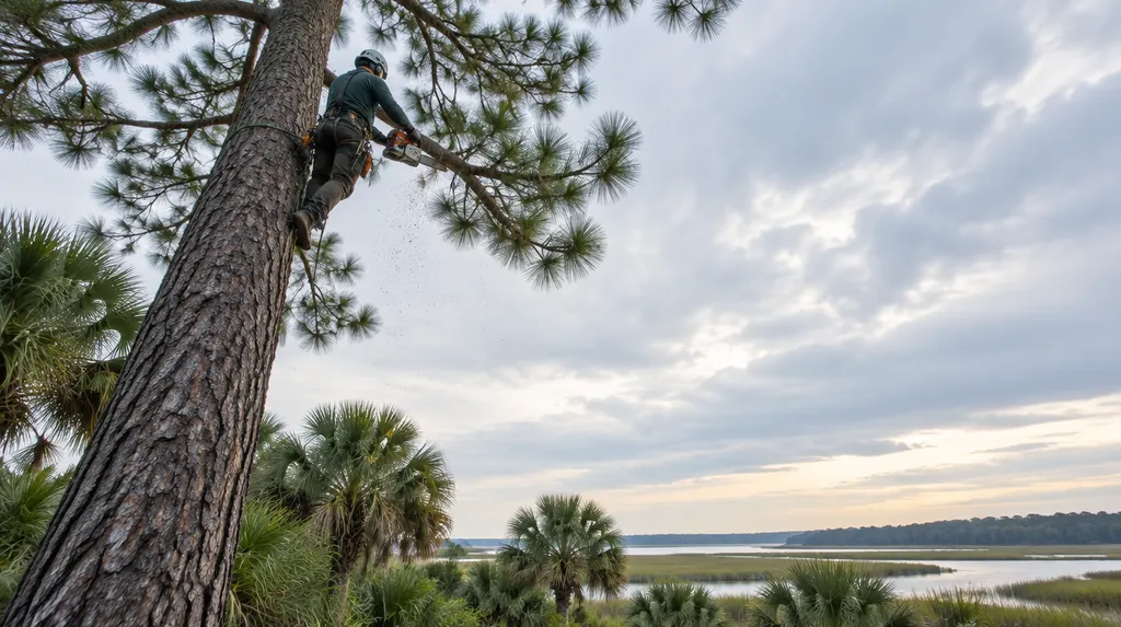 An arborist in a harness trimming a tall pine in Bluffton, SC