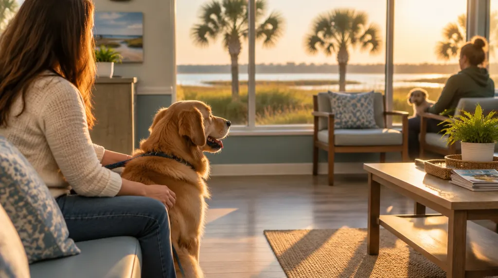 A friendly vet clinic waiting area with a dog in Bluffton, SC