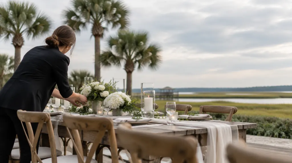 A wedding planner arranging a reception table in Bluffton, SC
