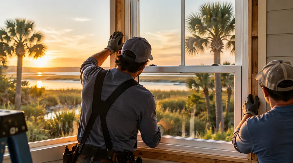 Installers fitting a new double-hung window in Bluffton, SC