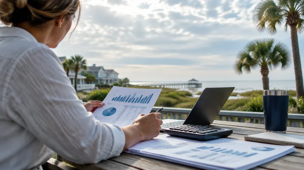 An accountant reviewing financial reports at a desk in Carolina Forest, SC