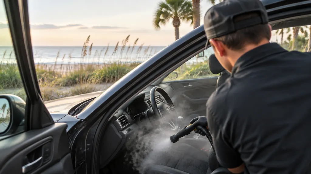 A detailer cleaning a car interior with a steam tool in Carolina Forest, SC