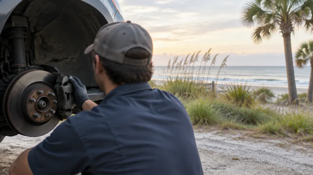 A mechanic checking brakes on a wheel in Carolina Forest, SC