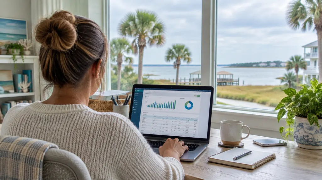 A bookkeeper working on financial software in a home office in Carolina Forest, SC