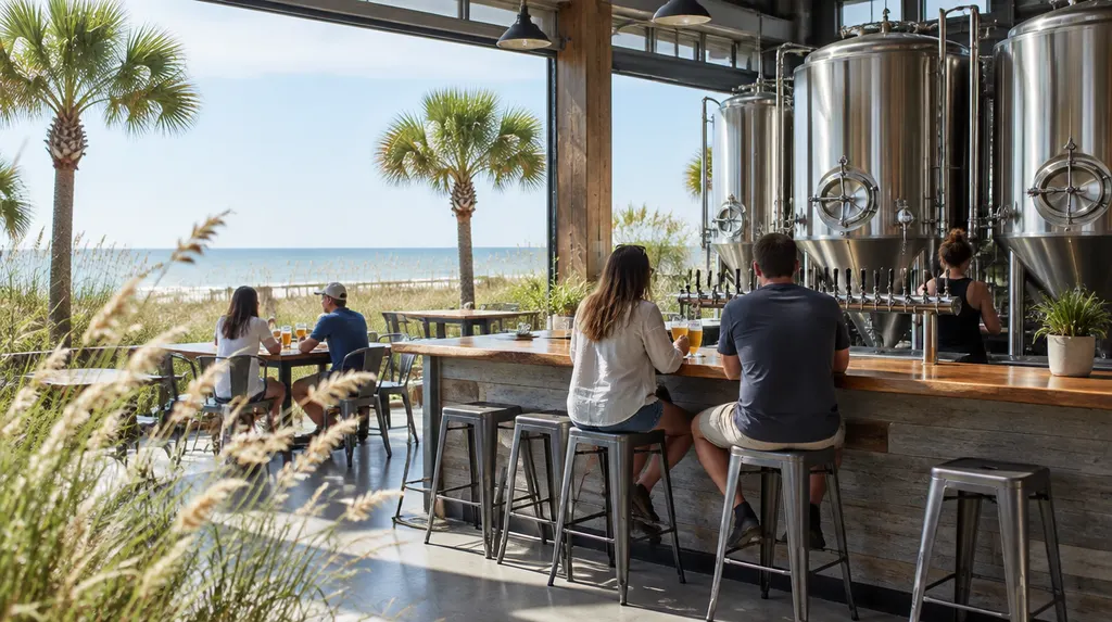 A craft brewery taproom with tanks and a bar in Carolina Forest, SC