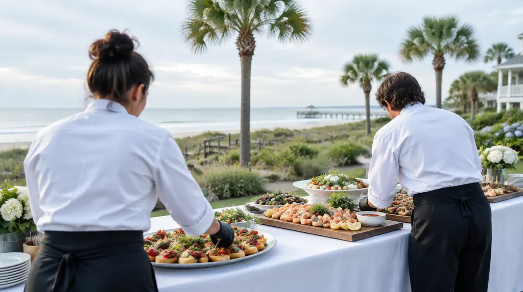 Caterers arranging platters on a table in Carolina Forest, SC
