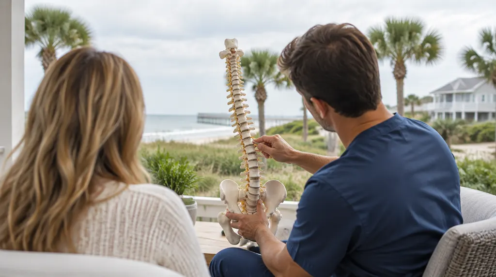 A chiropractor discussing a spine model in Carolina Forest, SC