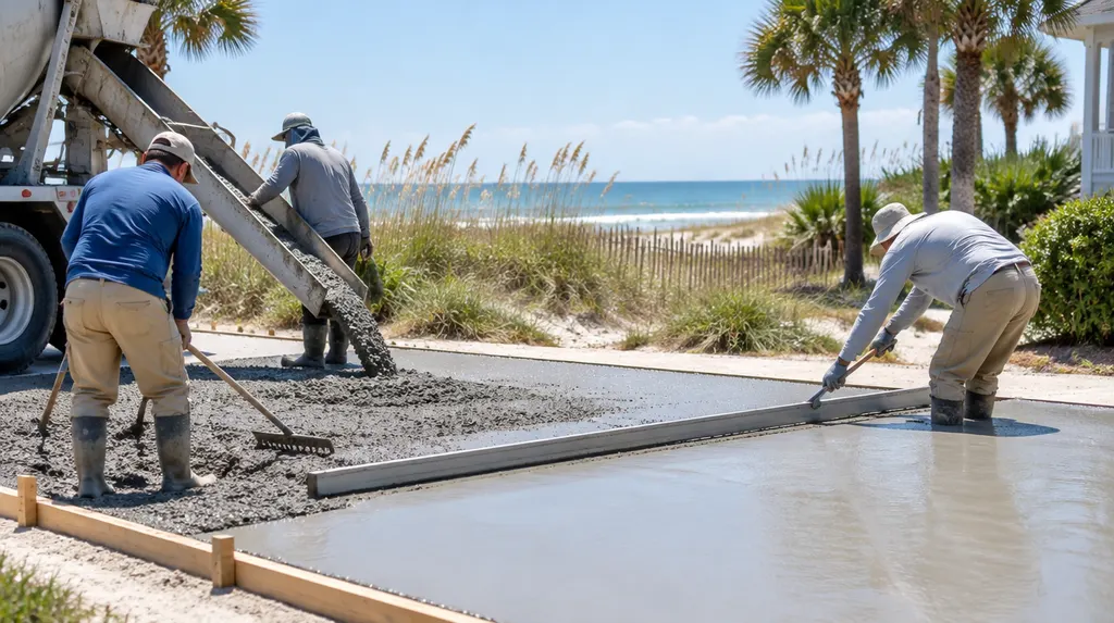 A crew pouring and screeding a new concrete driveway in Carolina Forest, SC