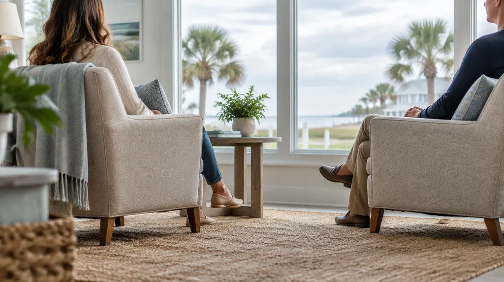 A calm, softly lit counseling room with two armchairs in Carolina Forest, SC