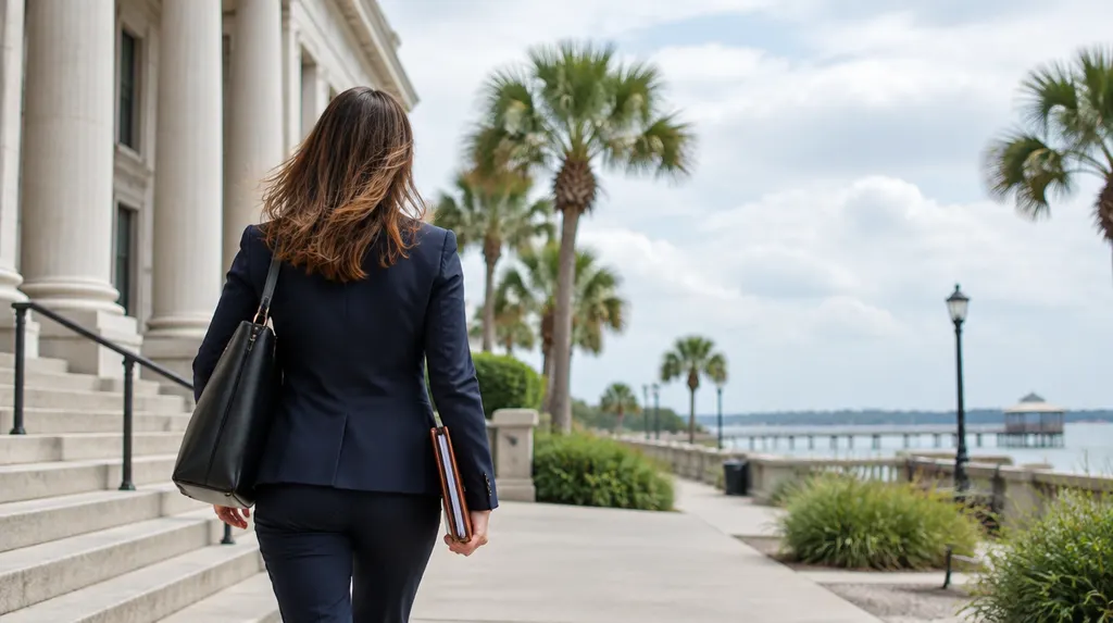 An attorney walking outside a courthouse-style building in Carolina Forest, SC