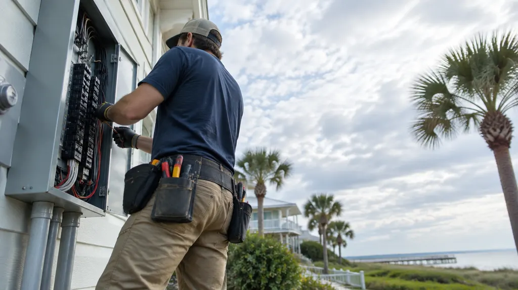 An electrician working on an open breaker panel in Carolina Forest, SC