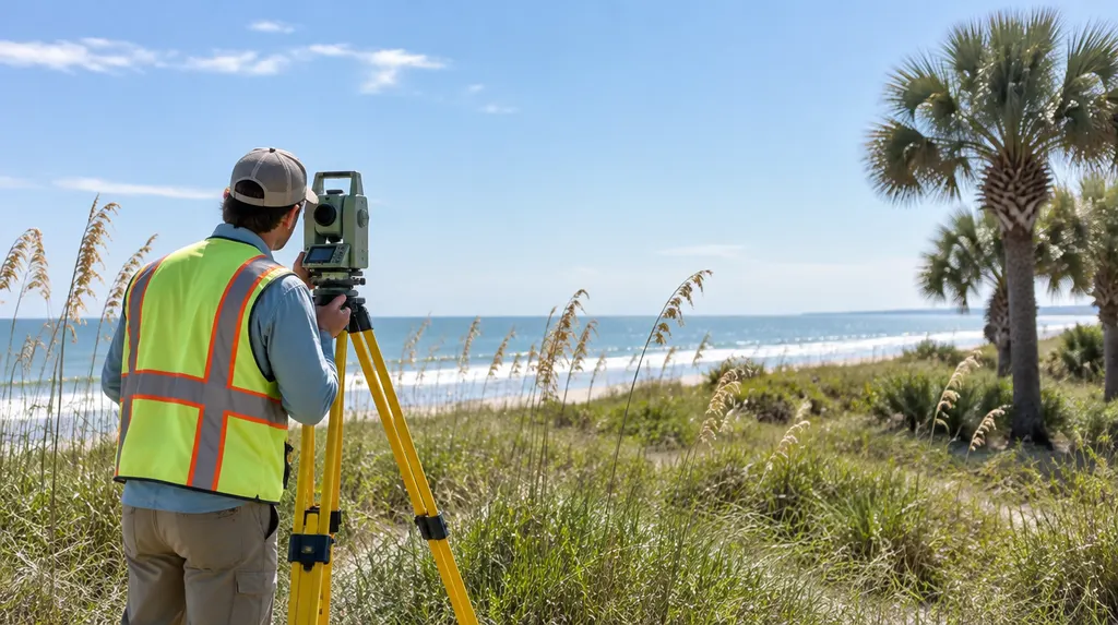 A surveyor with a tripod instrument in a field in Carolina Forest, SC