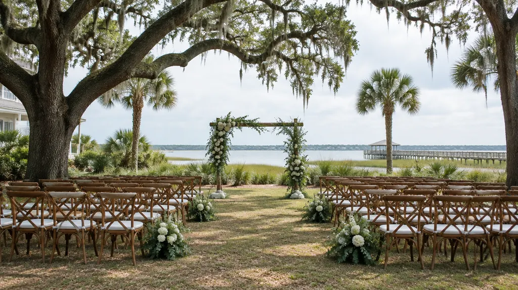 An outdoor ceremony setup under oak trees in Carolina Forest, SC