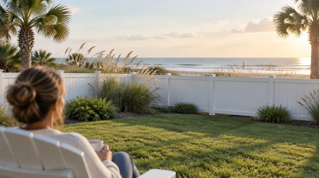 A white vinyl fence around a green backyard in Carolina Forest, SC