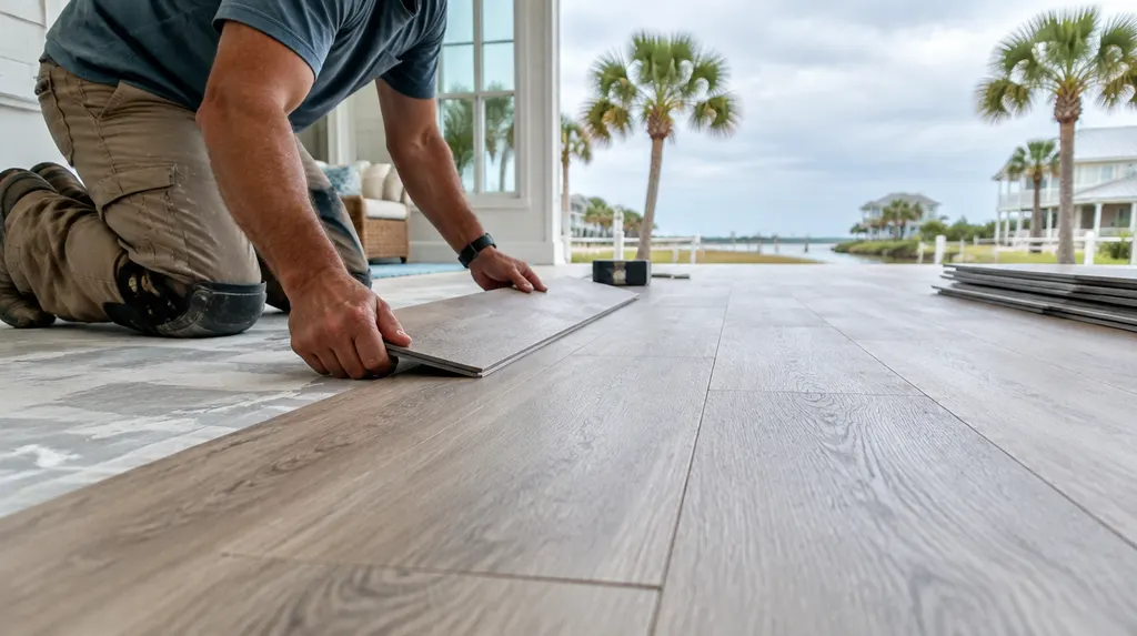 An installer laying luxury vinyl plank flooring in Carolina Forest, SC