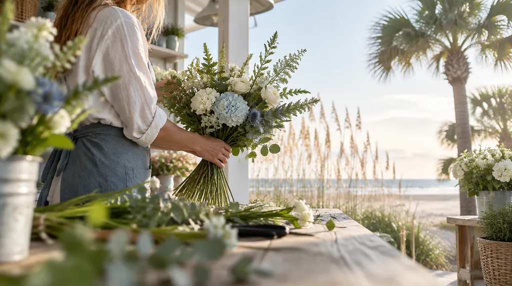 A florist arranging a bouquet in a flower shop in Carolina Forest, SC