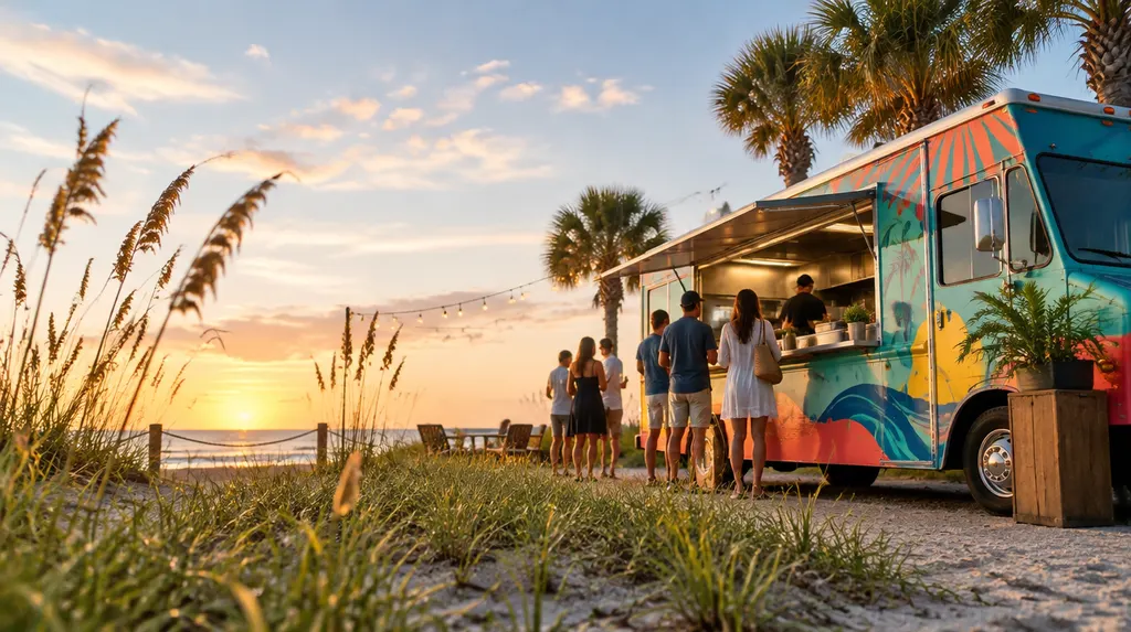 A colorful food truck serving at an evening event in Carolina Forest, SC
