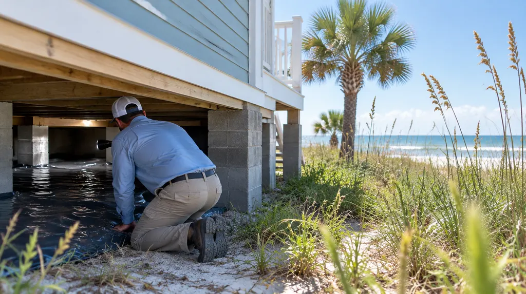 A technician inspecting a crawl space with a vapor barrier in Carolina Forest, SC