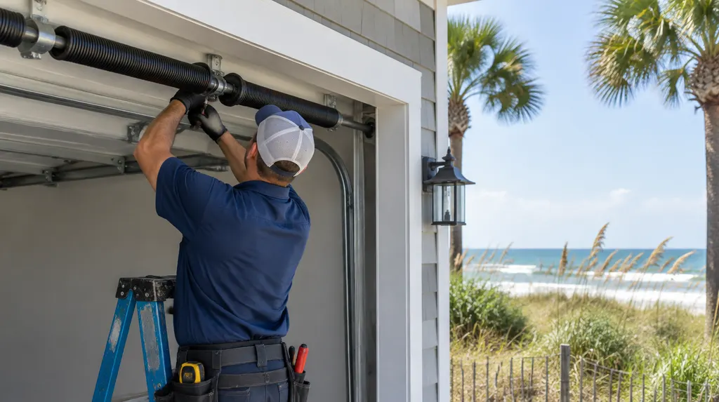 A technician replacing a torsion spring above a garage door in Carolina Forest, SC