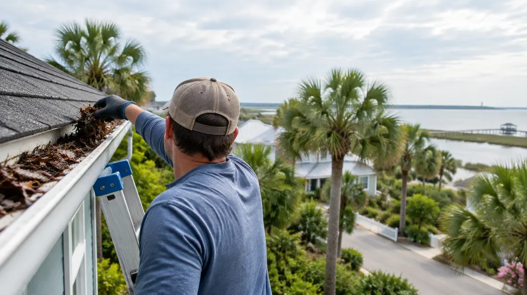 A worker cleaning leaves out of a gutter from a ladder in Carolina Forest, SC