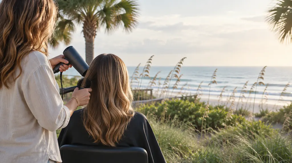 A stylist blow-drying a client’s hair in Carolina Forest, SC