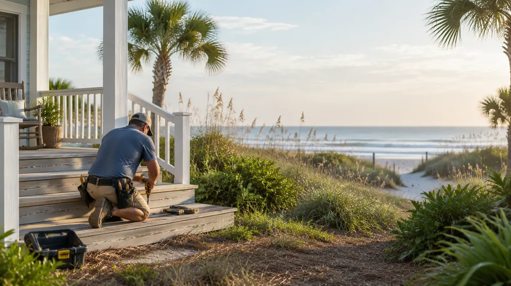 A handyman repairing a wooden porch step in Carolina Forest, SC