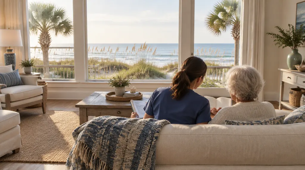 A warm living room with a caregiver and a senior reading together in Carolina Forest, SC