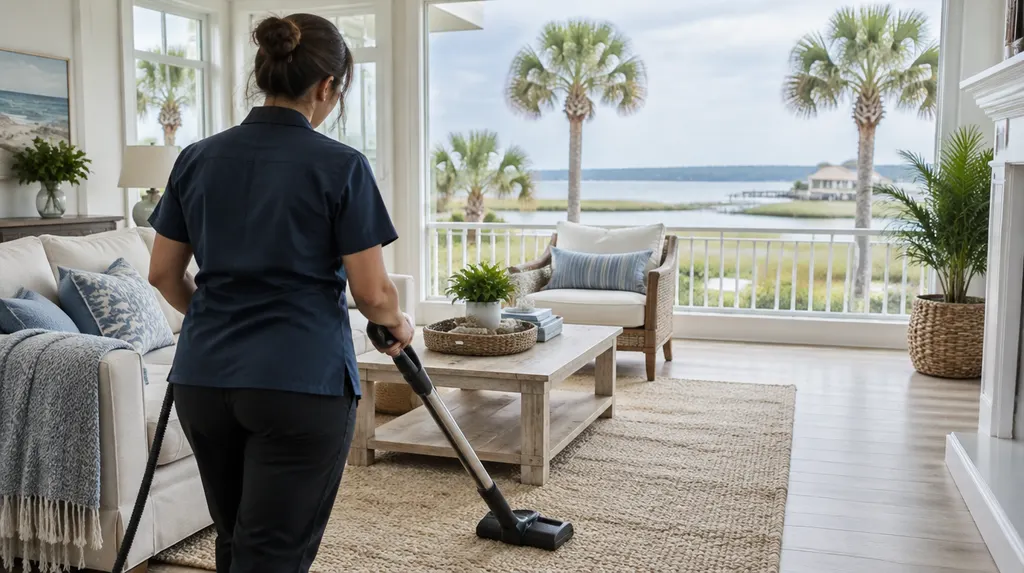 A cleaner vacuuming a sunny living room in Carolina Forest, SC