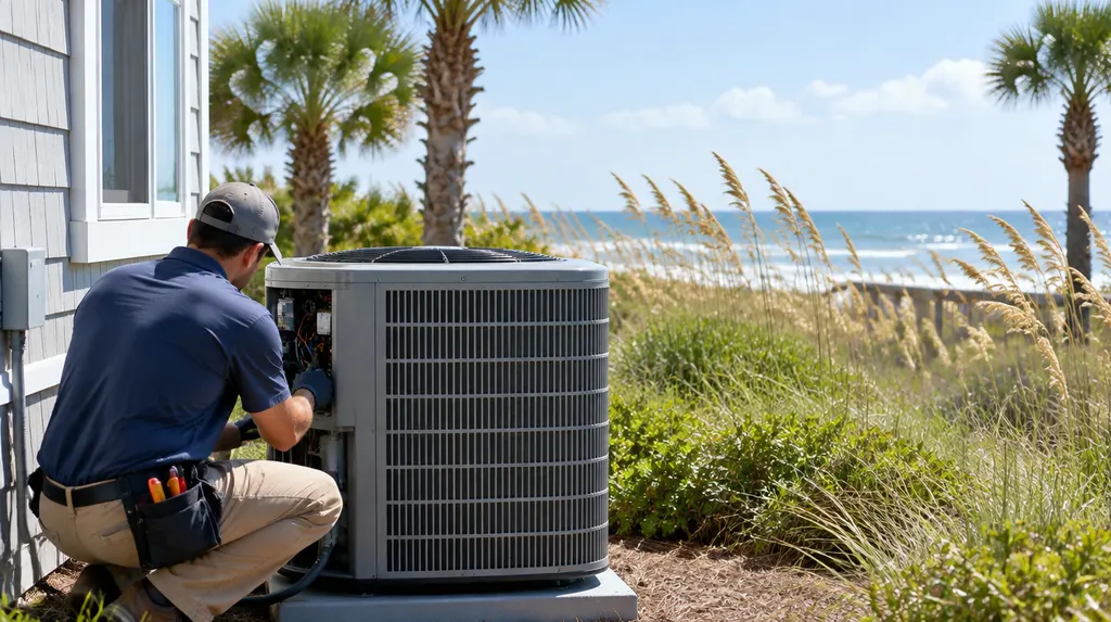 An HVAC technician servicing an outdoor condenser beside a house in Carolina Forest, SC