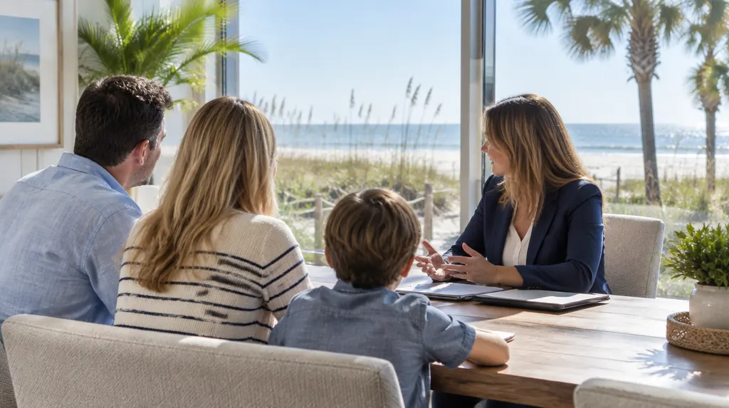 An insurance agent meeting a family in an office in Carolina Forest, SC