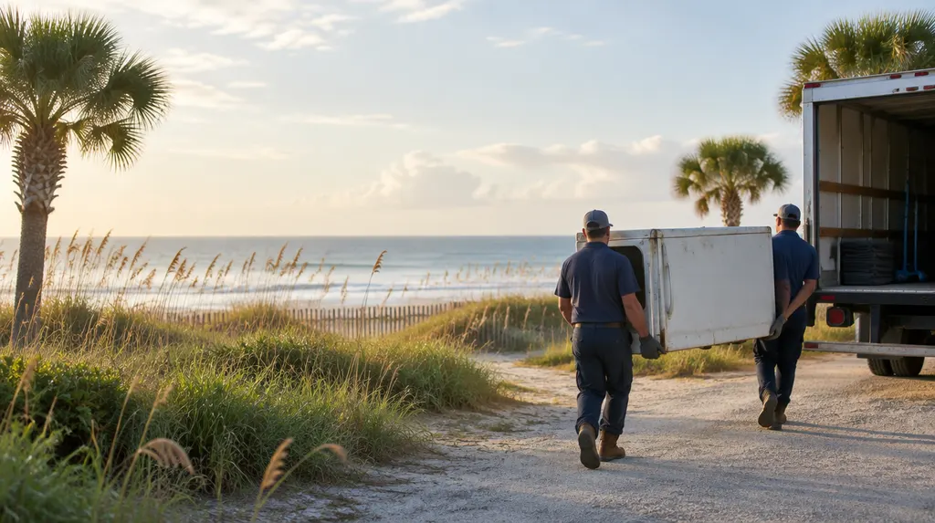 Workers carrying an old appliance to a truck in Carolina Forest, SC